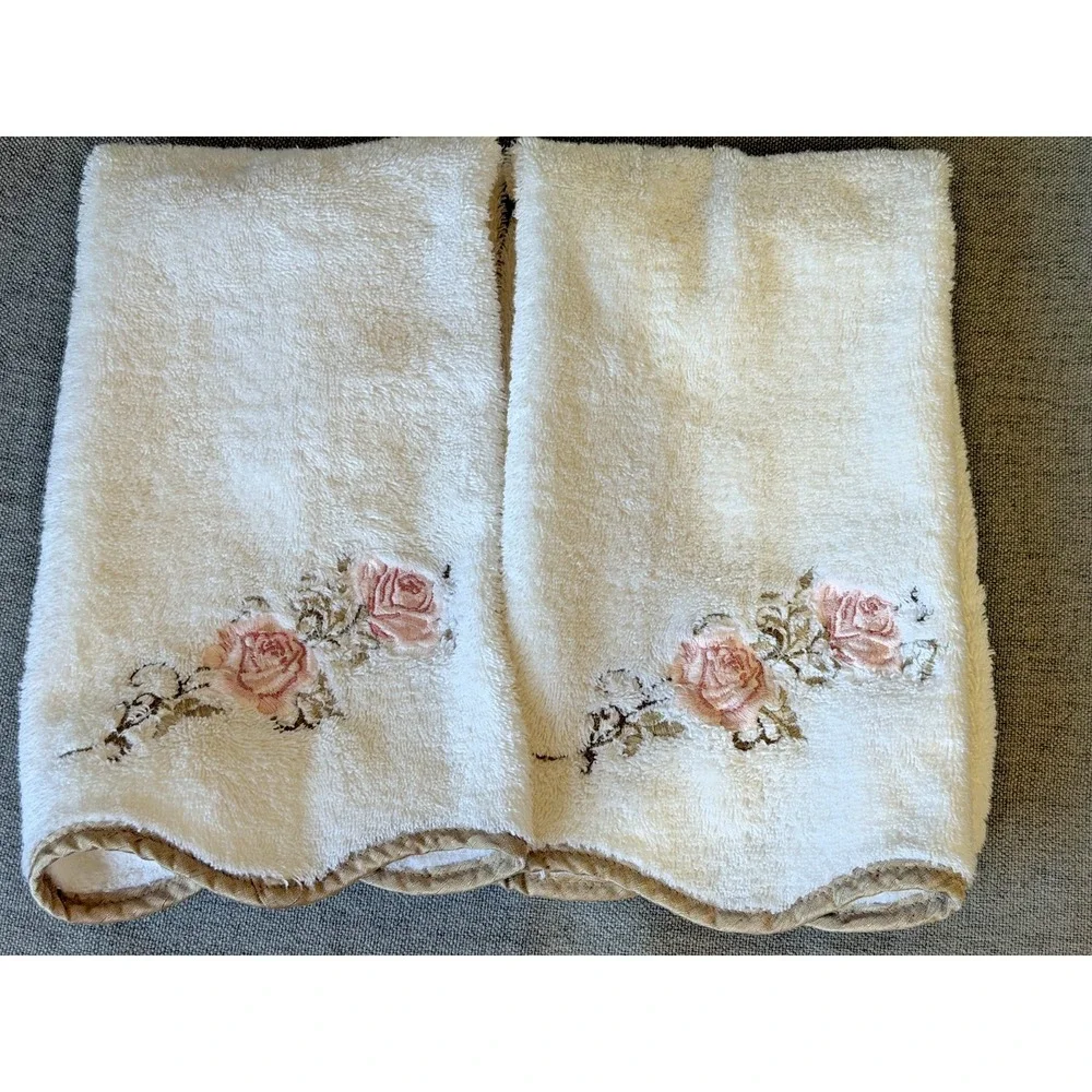 Vintage Avanti Premier Egyptian Cotton Rose Hand Towels Set 2 26x16 Peach Beige